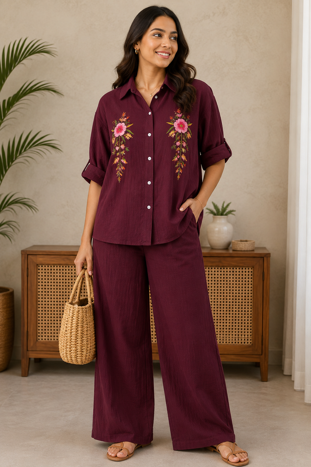 Floral Embroidered Mulmul Co-Ord Set