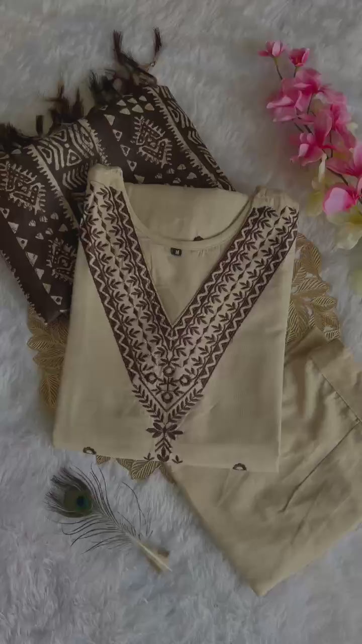 Khadi Cotton Embroidered Kurti Pant Set with Printed Dupatta