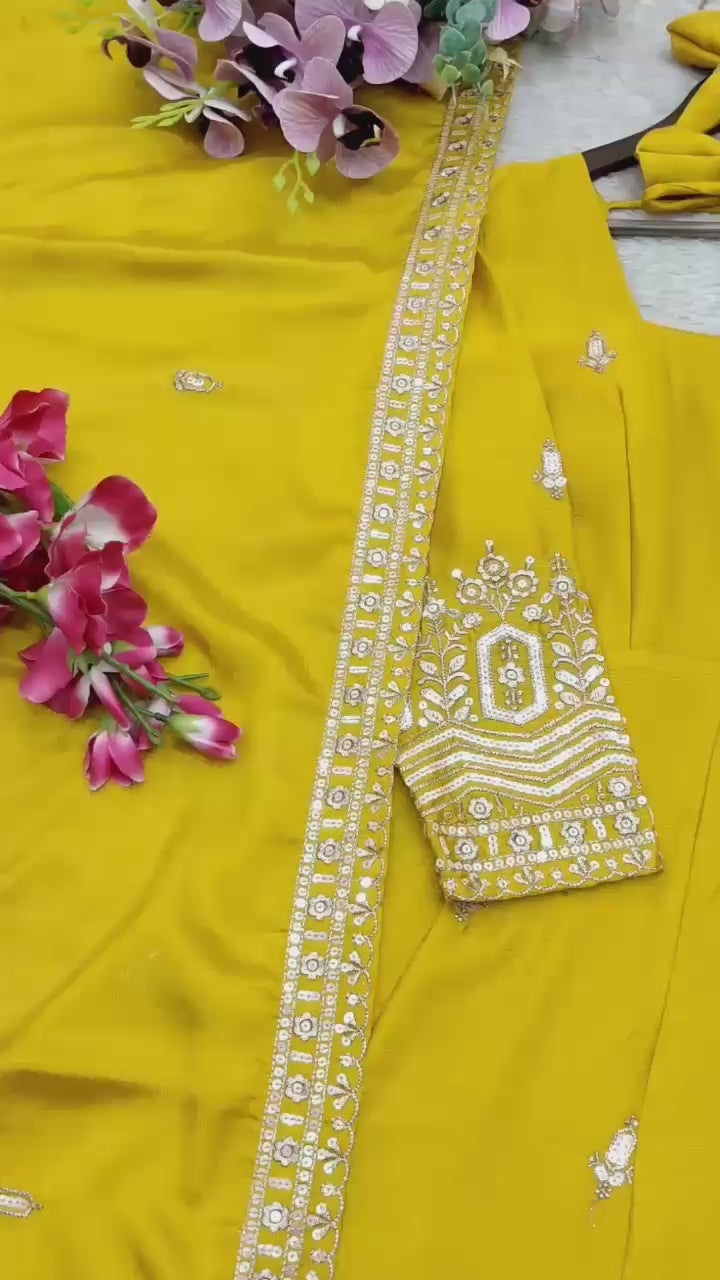 Embroidered Chinon Silk Gown Pant Set with Dupatta