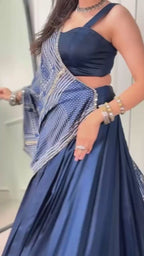 Embroidered Moonga Silk Lehenga Choli Set with Printed Satin Dupatta