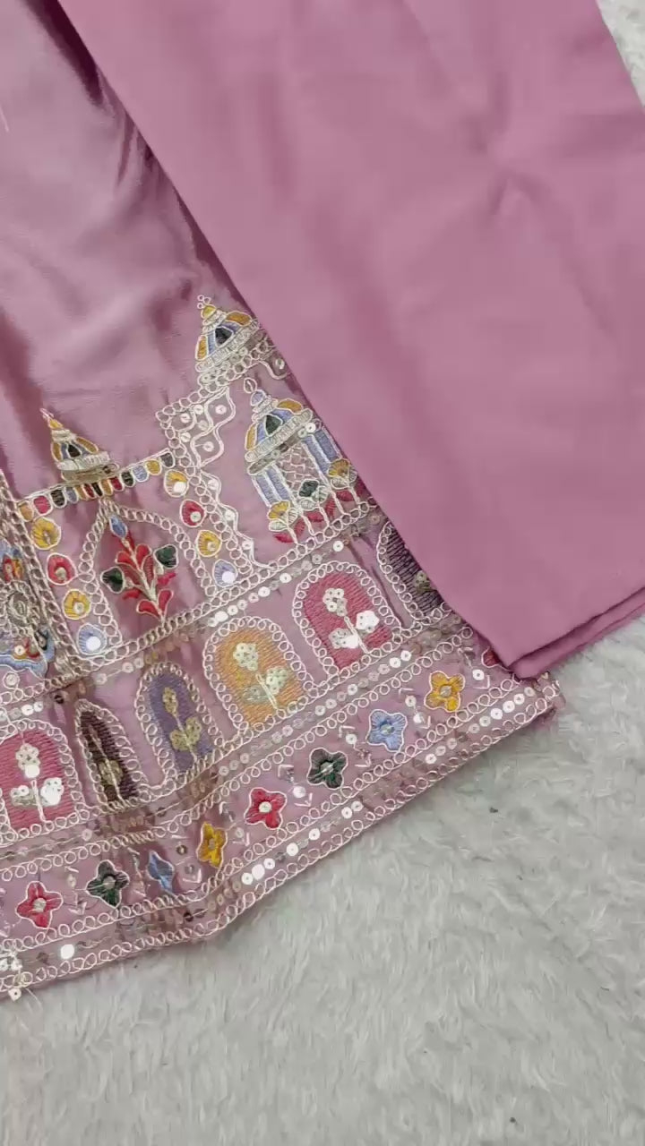 Embroidered Chinon Silk Gown Pant Set with Dupatta