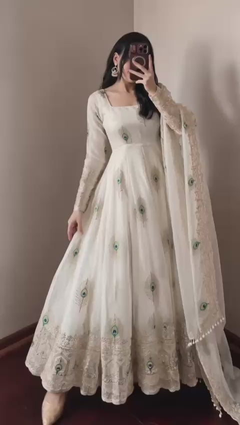 Heavy Fandy Silk Embroidered Gown Set with Zari Sequins Dupatta