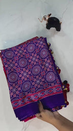 Ajrakh Printed Crepe Gajji Silk Saree with Latkan & Blouse