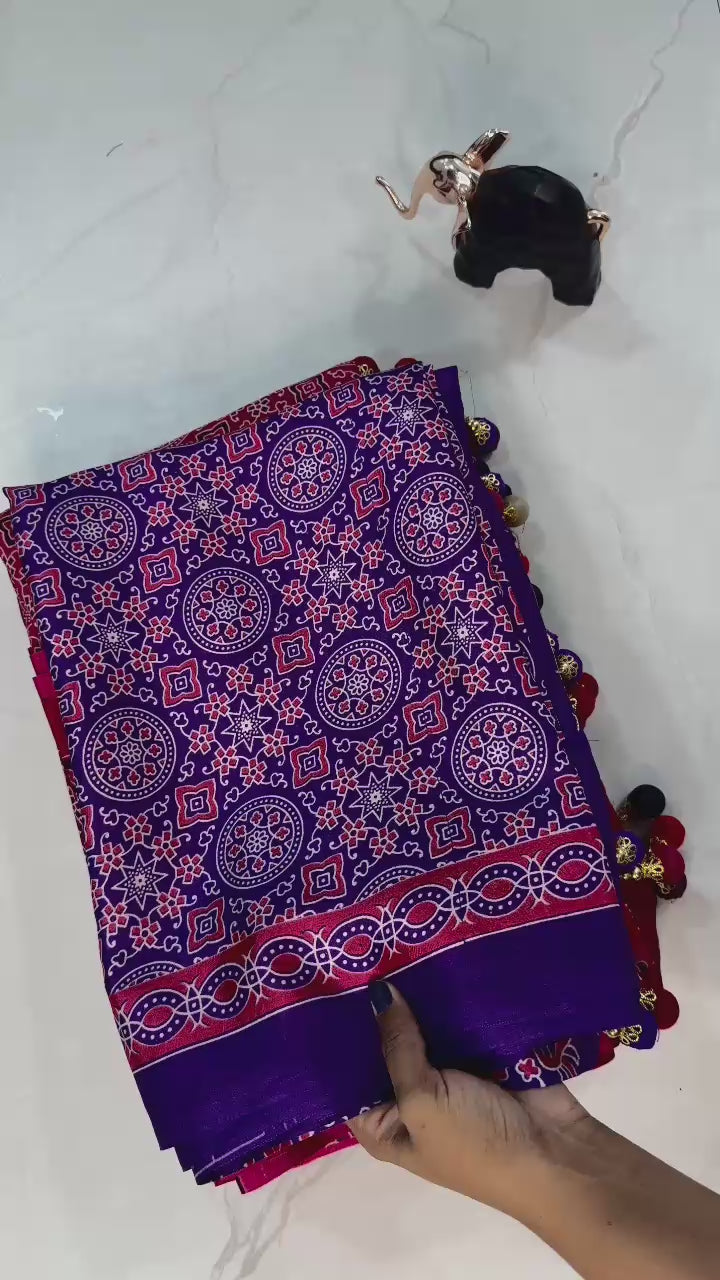 Ajrakh Printed Crepe Gajji Silk Saree with Latkan & Blouse