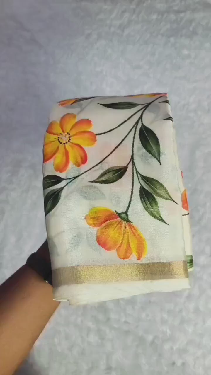 Floral Print Saree with Gola Zari Border & Blouse