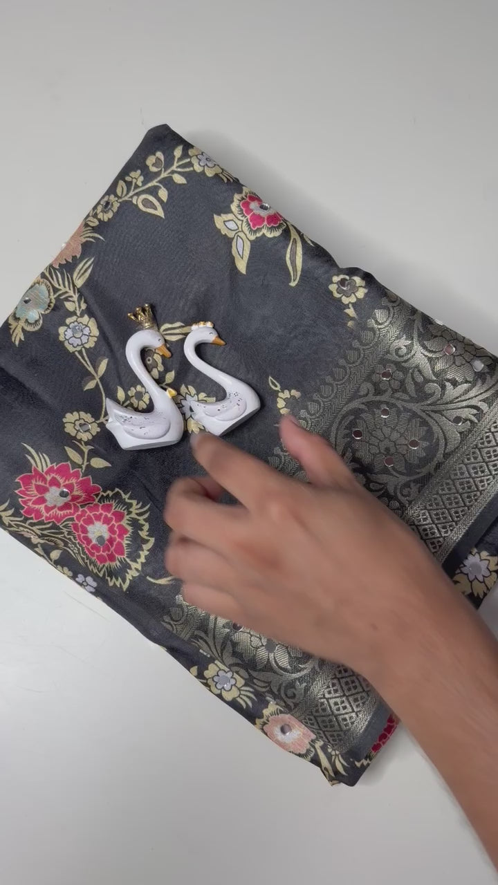 Floral Print Digital Silk Saree with Mirror Work