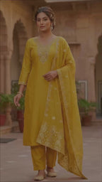 Embroidered Roman Silk Kurti Pant Set with Cotton Silk Dupatta