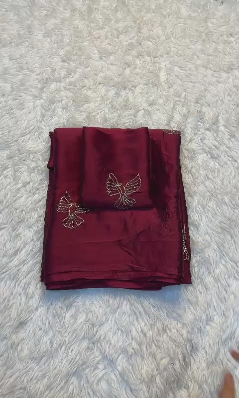 Bird Motif Beaded Rangoli Fabric Saree with Blouse
