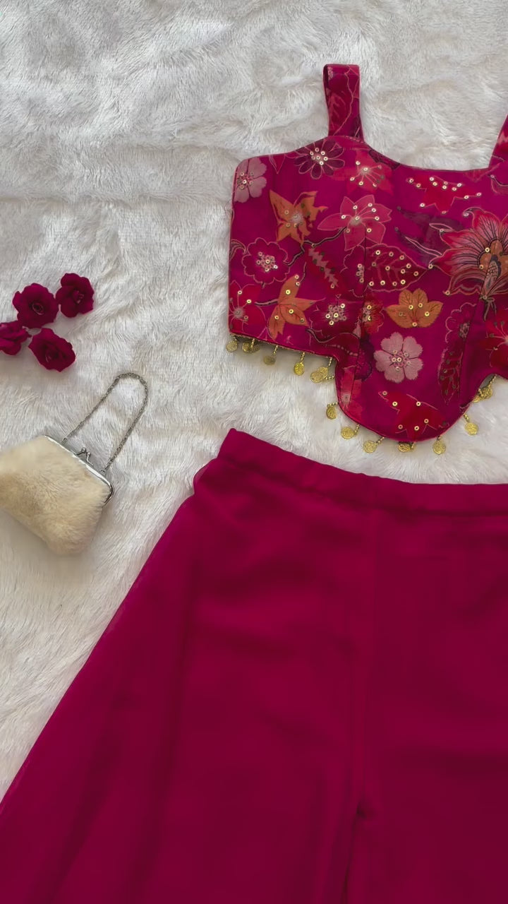 Sequin Organza Crop Top Palazzo Set