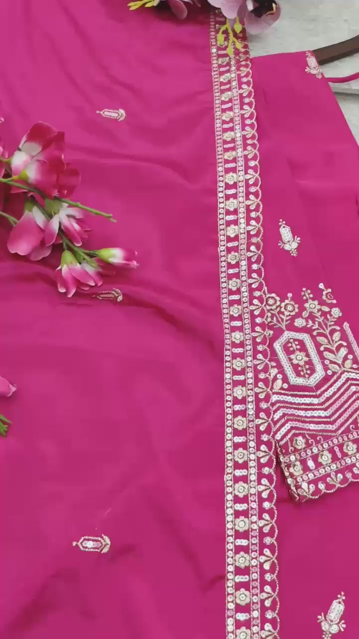 Embroidered Chinon Silk Gown Pant Set with Dupatta