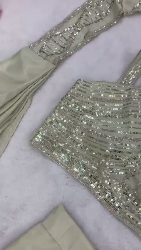 Crep Silk Embroidered Sequins Ready-to-Wear Saree with Stitched Blouse