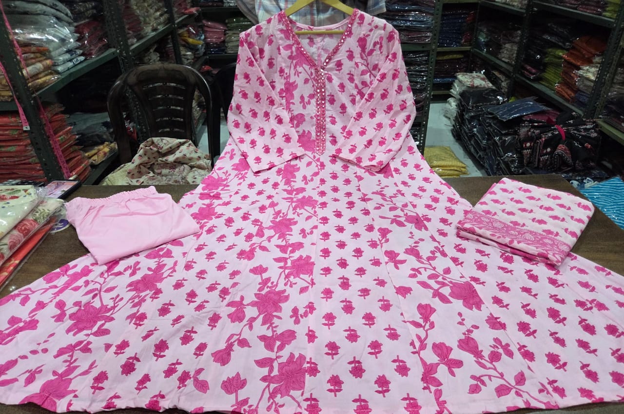 Mirror Embroidered Cotton Anarkali Suit Set with Mulmul Dupatta