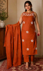 Embroidered Cotton Kurti Pant Set with Dupatta