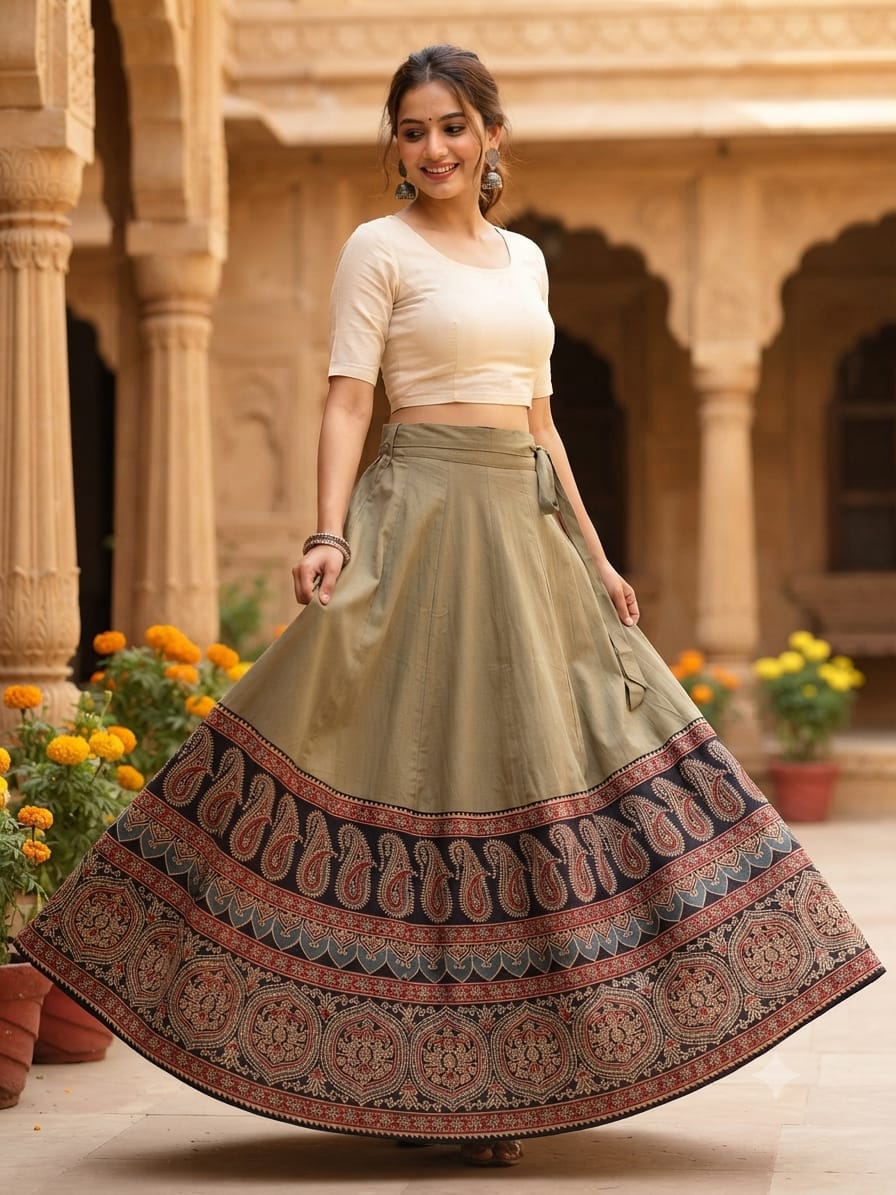 Plain Cotton Kali Skirt with Natural Border
