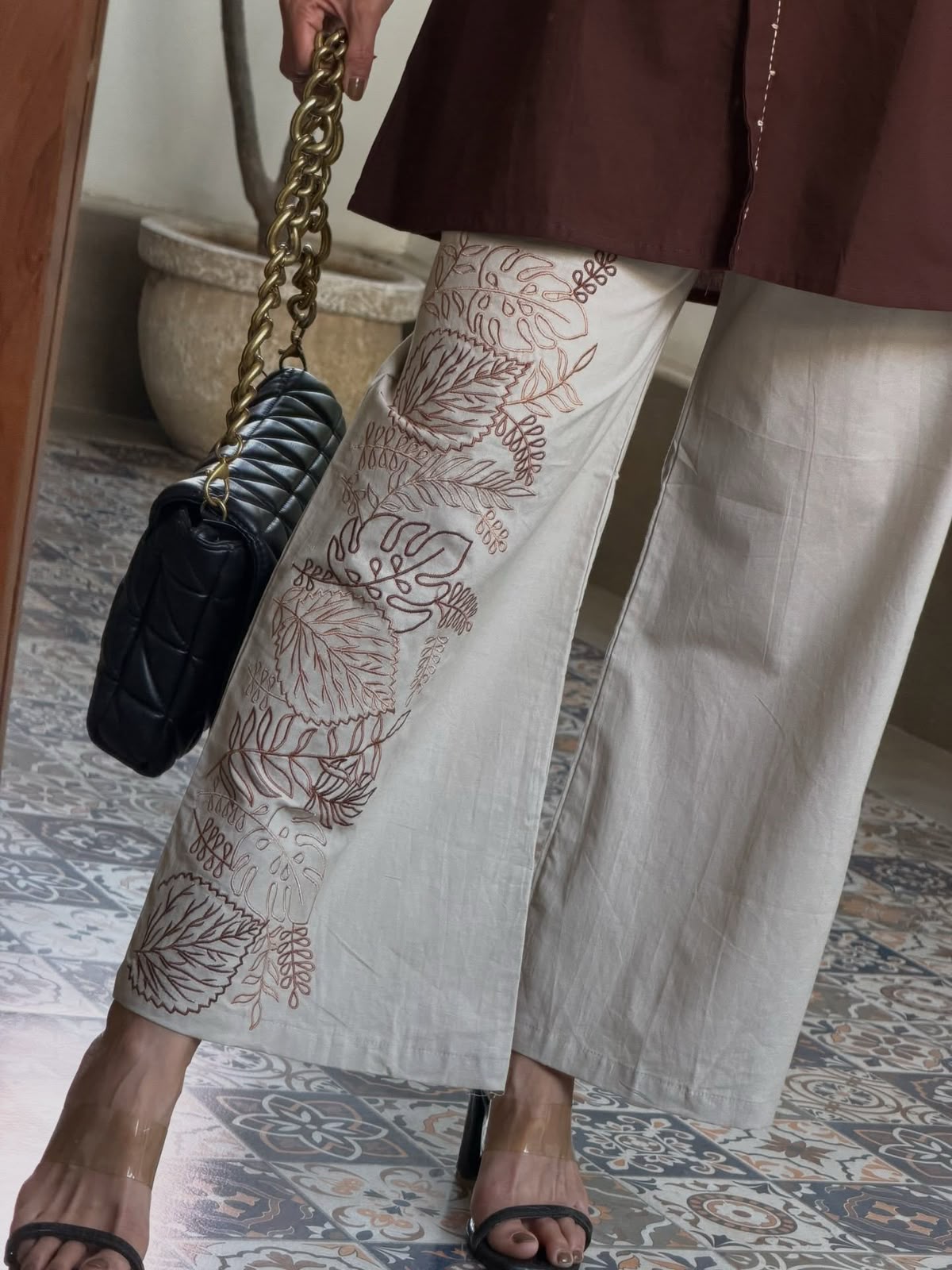 Floral Embroidered Cotton Co-Ord Set with Wide-Leg Pants