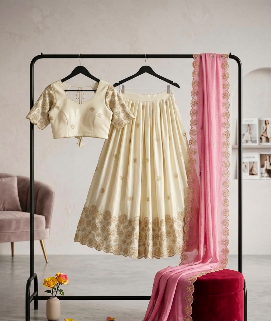 A cream-colored traditional outfit displayed on a black clothing rack, featuring a short-sleeve crop top and a matching pleated skirt with gold floral embroidery and scalloped edges. A pink dupatta with lace trim is draped alongside the outfit, with a red velvet stool and a pink chair visible in the styled room setting.
