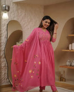 Embroidered Cotton Kurta Pant Set with Printed Cotton Malmal Dupatta