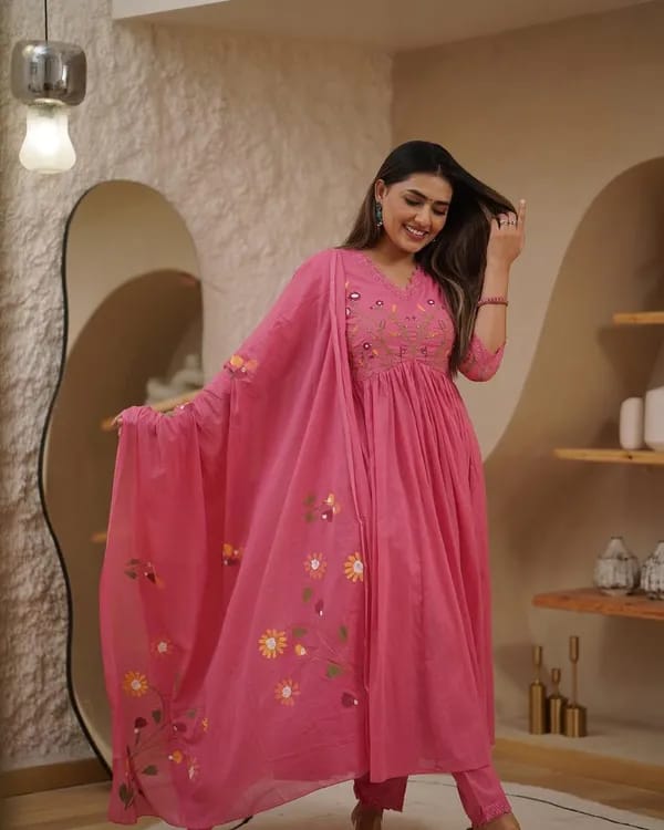 Embroidered Cotton Kurta Pant Set with Printed Cotton Malmal Dupatta