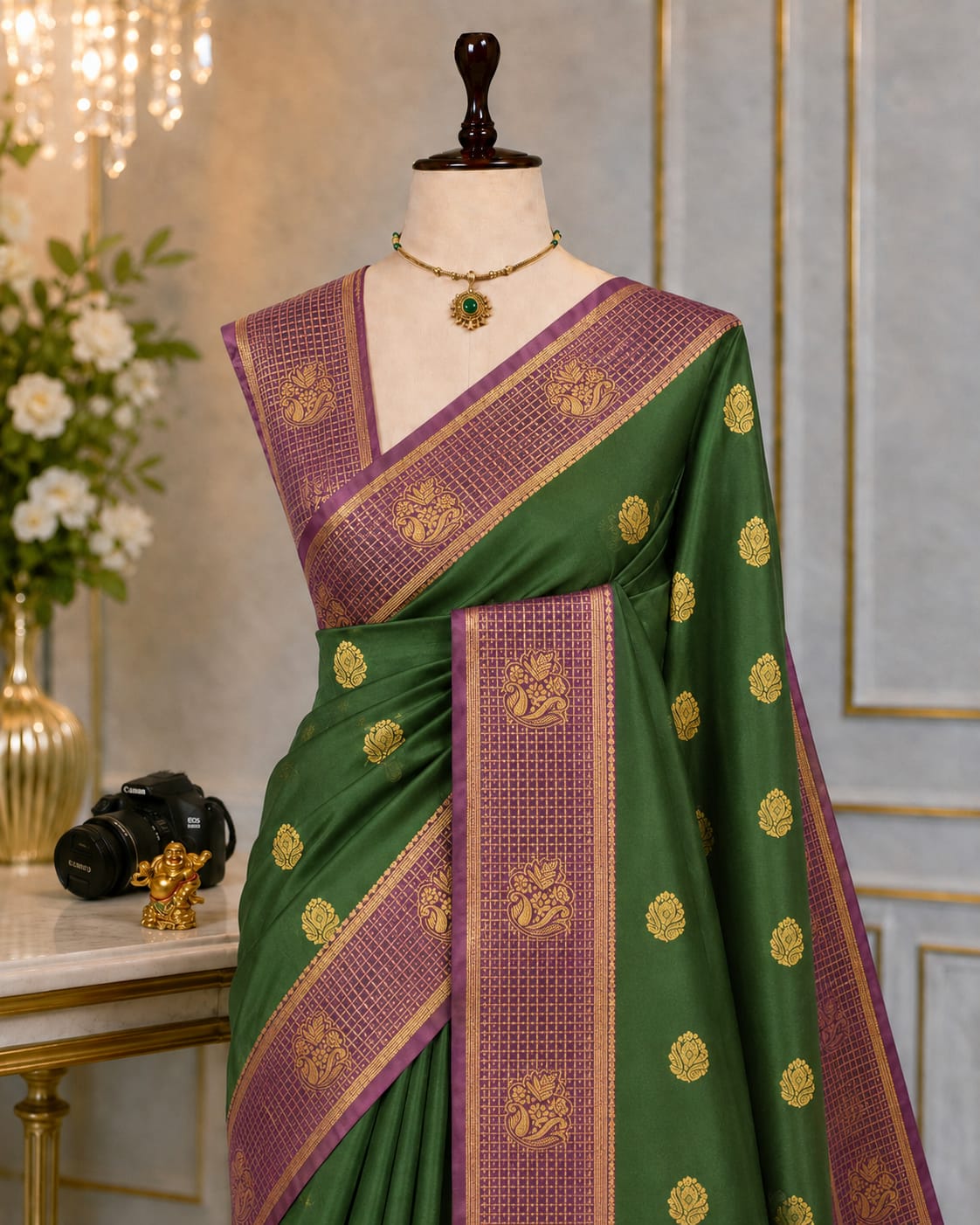 Fusion Korvai Soft Silk Saree with Golden Zari Buttas & Contrast Border