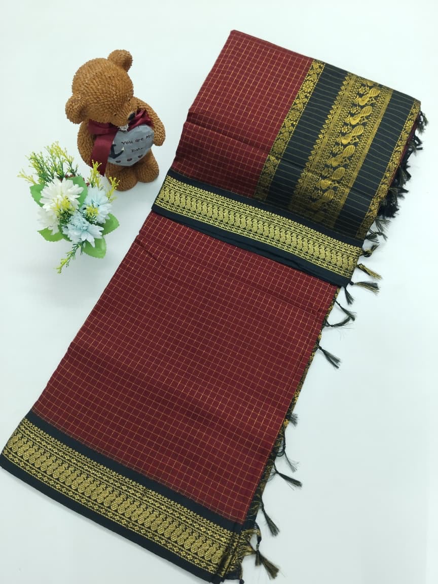 Checked Cotton Saree with Zari Pallu & Contrast Blouse