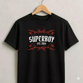 Black t-shirt with 'Superboy est. 2024' print on a hanger against a light gray background
