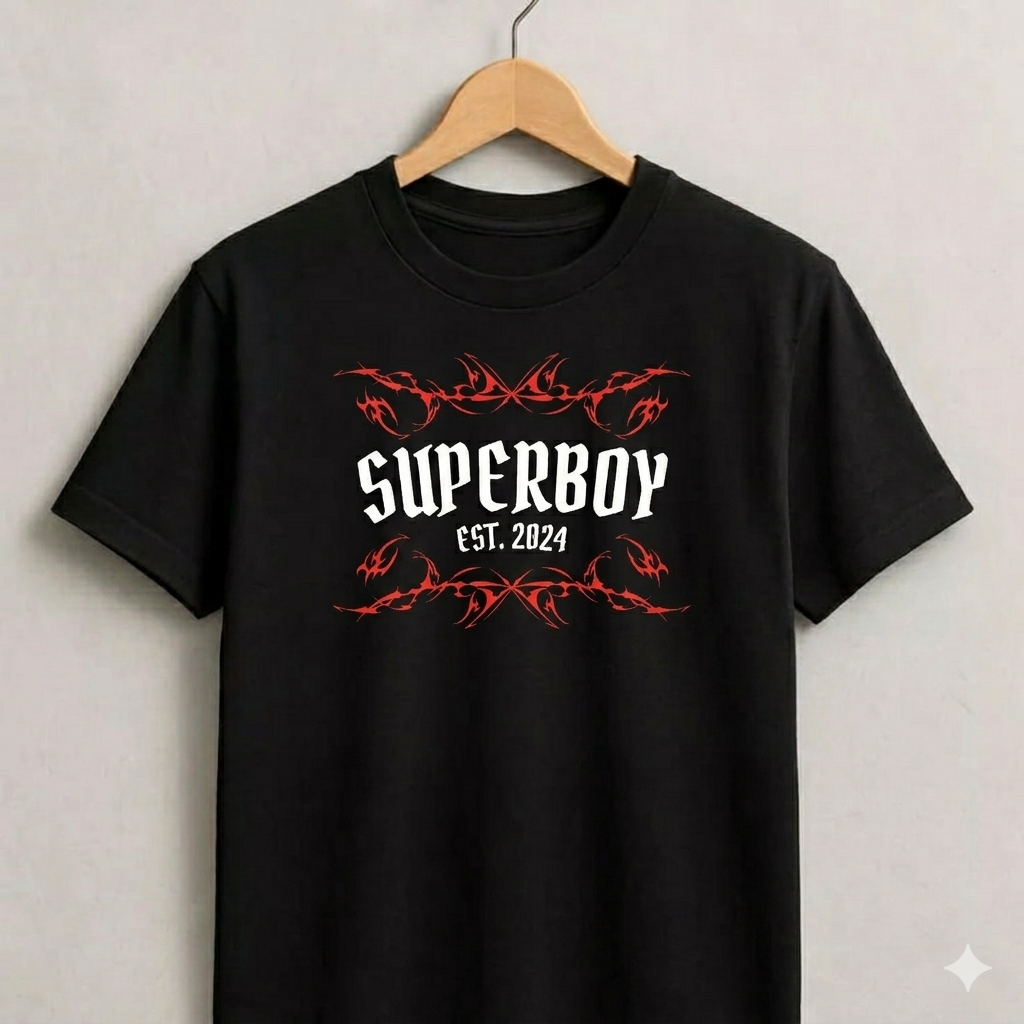 Black t-shirt with 'Superboy est. 2024' print on a hanger against a light gray background