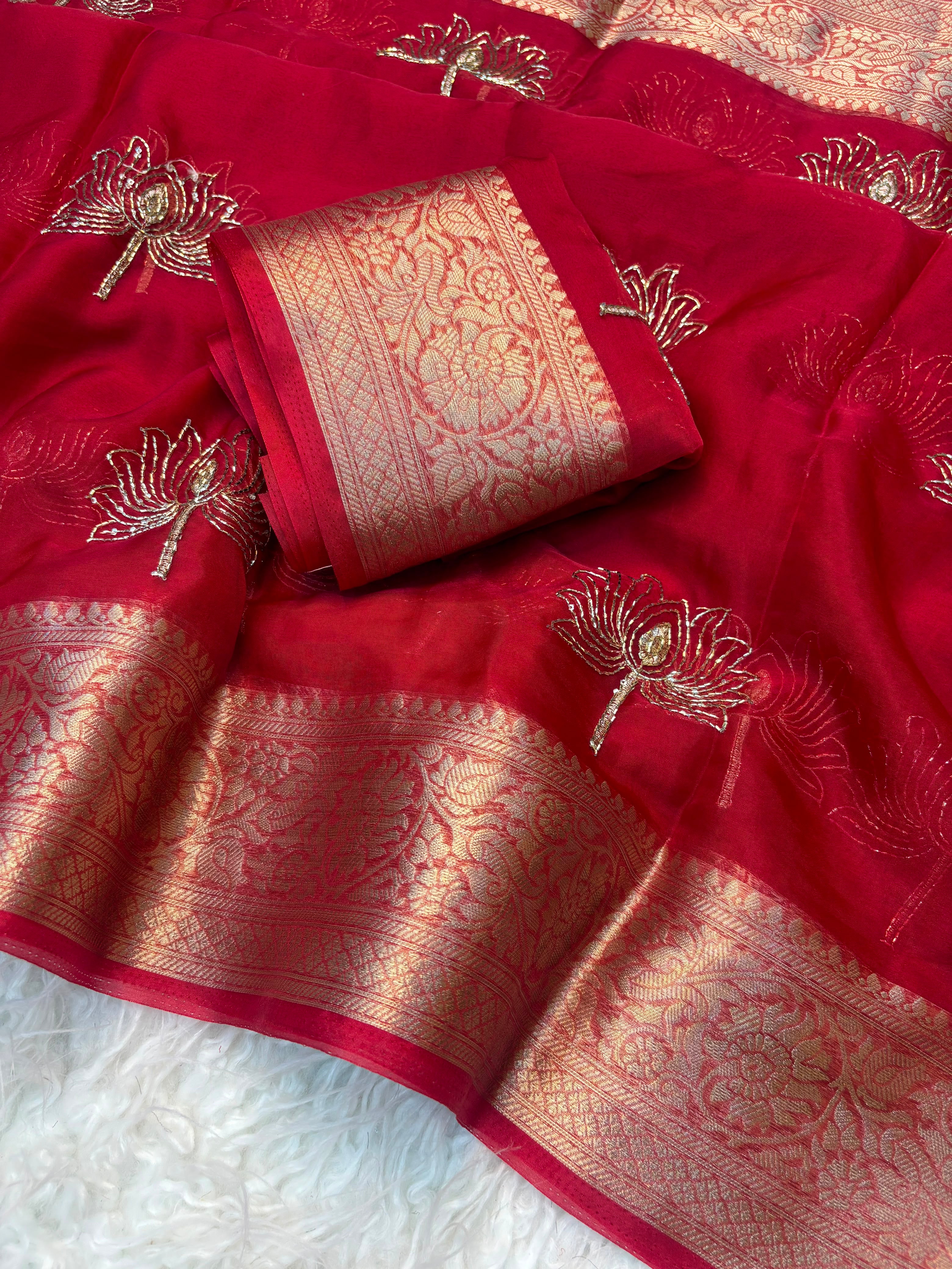 Designer Lotus Beadwork Party Wear Saree