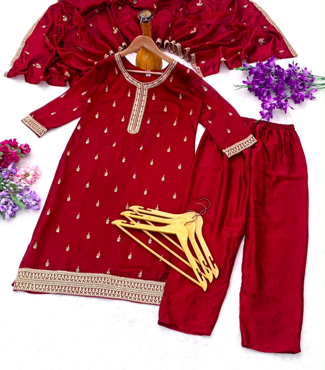 Embroidered Vichitra Silk Kurti Pant Set with Dupatta