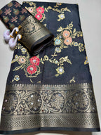 Floral Print Digital Silk Saree with Mirror Work