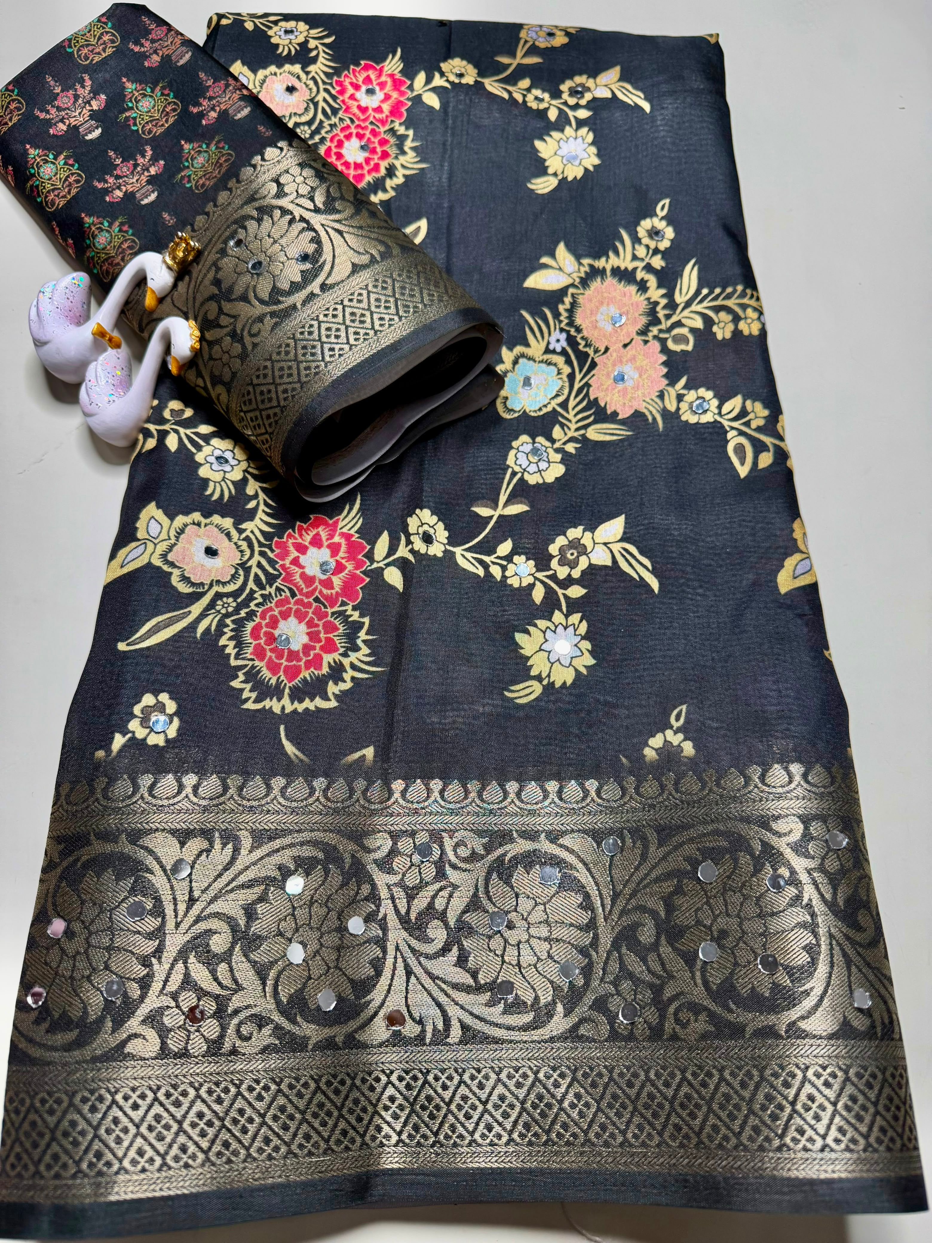 Floral Print Digital Silk Saree with Mirror Work