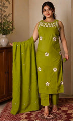 Embroidered Cotton Kurti Pant Set with Dupatta