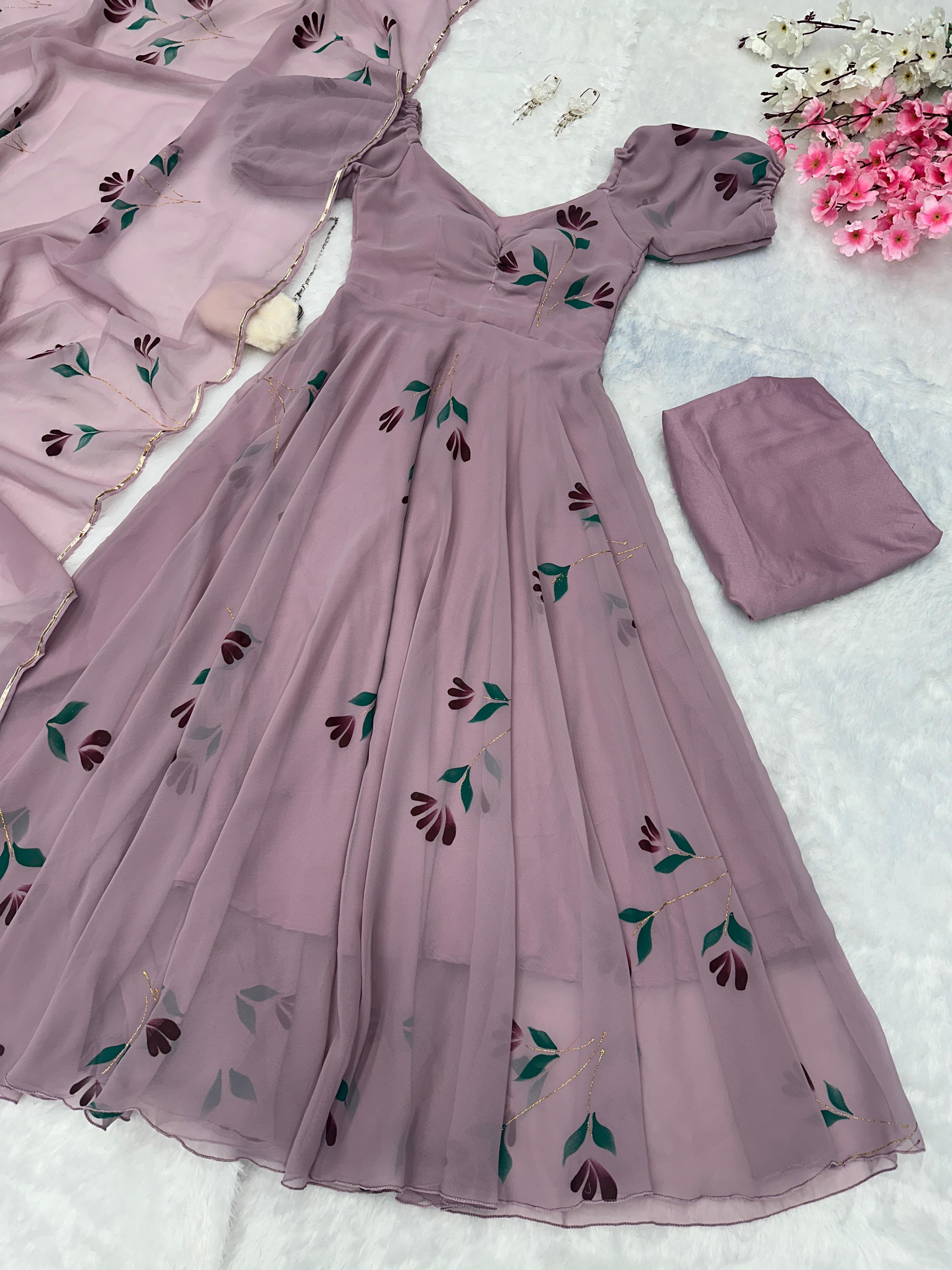 Handpainted Georgette Anarkali Suit Set with Dupatta