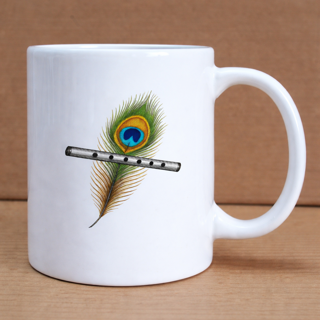 White mug with a peacock feather and flute design on a wooden surface.