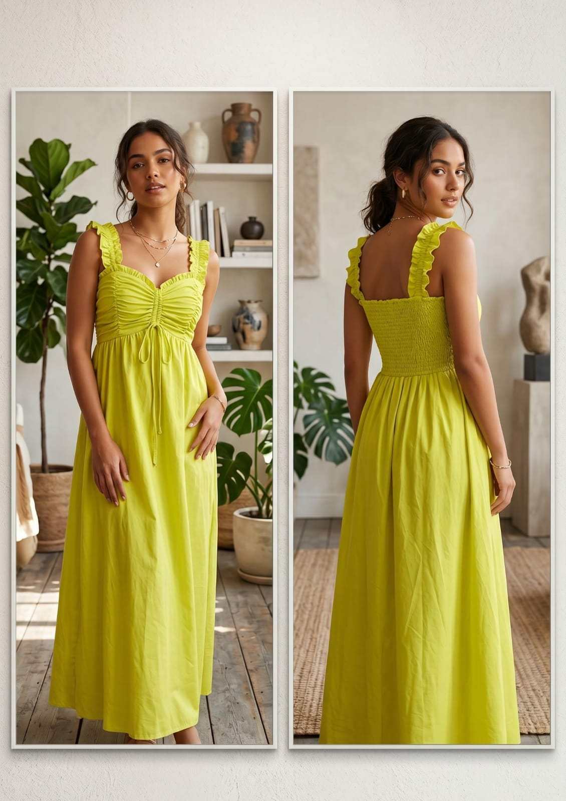 A woman modeling a bright yellow maxi dress in a split front-and-back view, standing in a styled indoor room with plants and shelves in the background.
