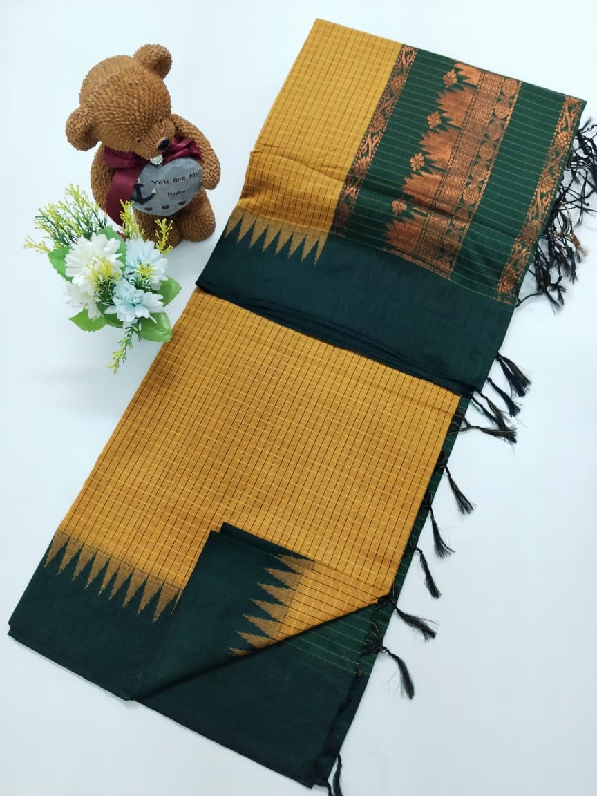 Checked Cotton Saree with Zari Pallu and Contrast Blouse