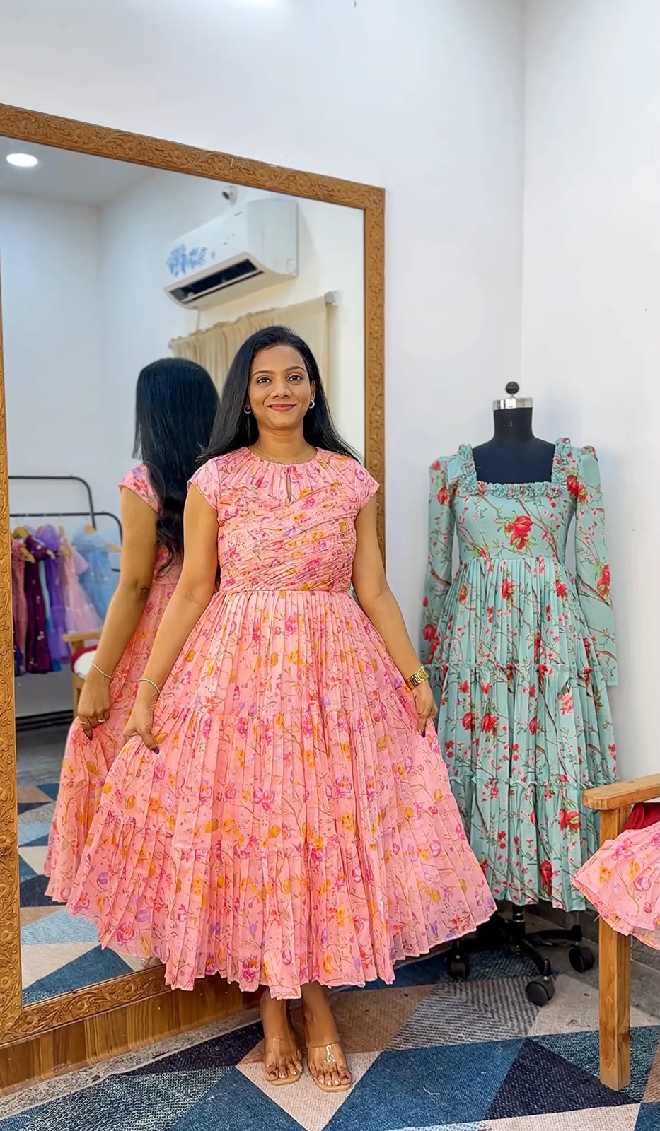 Floral Print Chanderi Cotton Maxi Dress for Women