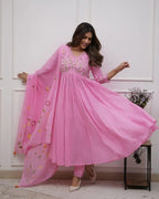 Embroidered Cotton Kurta Pant Set with Printed Cotton Malmal Dupatta