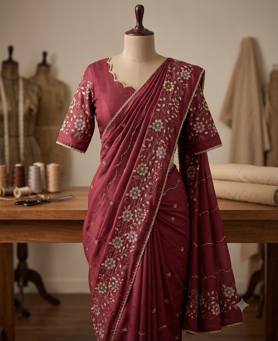 Designer Saree with Heavy Work Blouse & Lace Border