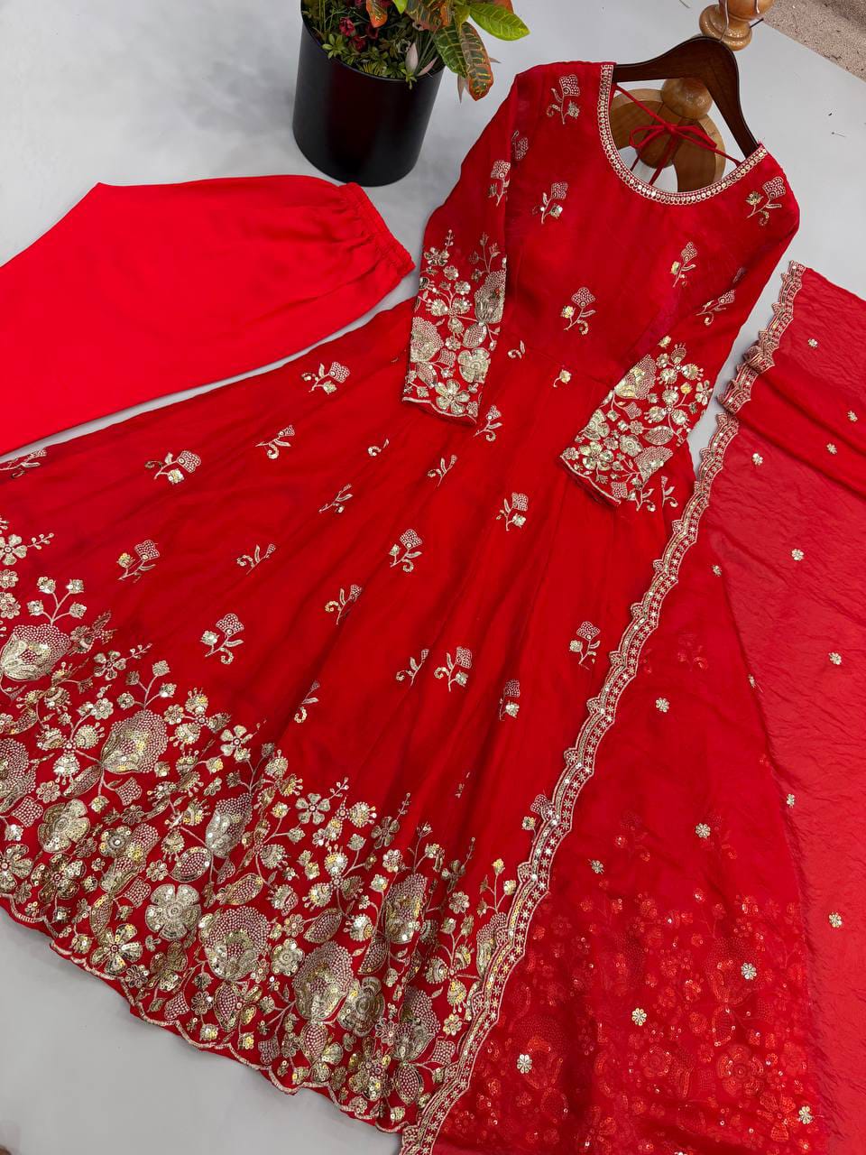 Embroidered Fendy Silk Gown Pant Dupatta Set