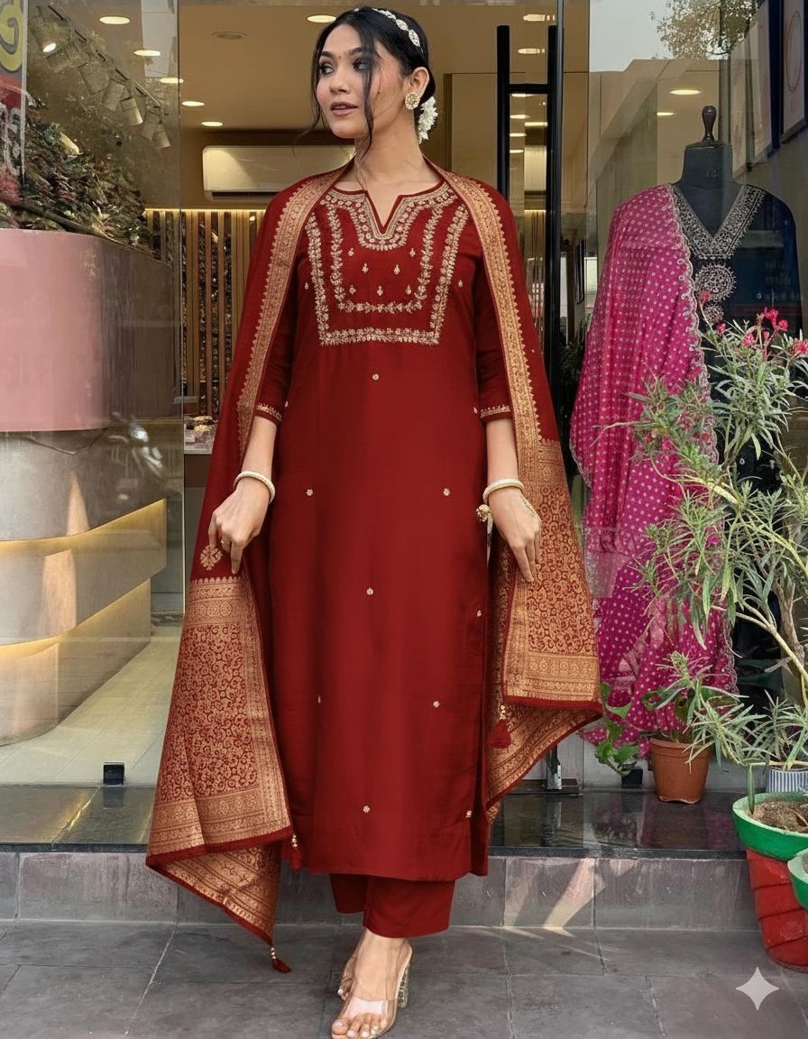 Woman in a red traditional outfit with gold details standing in front of a store entrance.