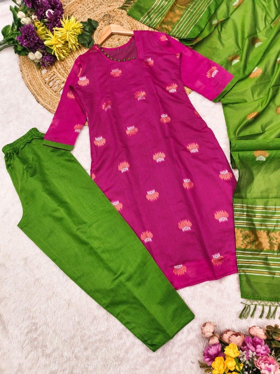 Kanchi Cotton Zari Work Kurta Pant & Dupatta Set