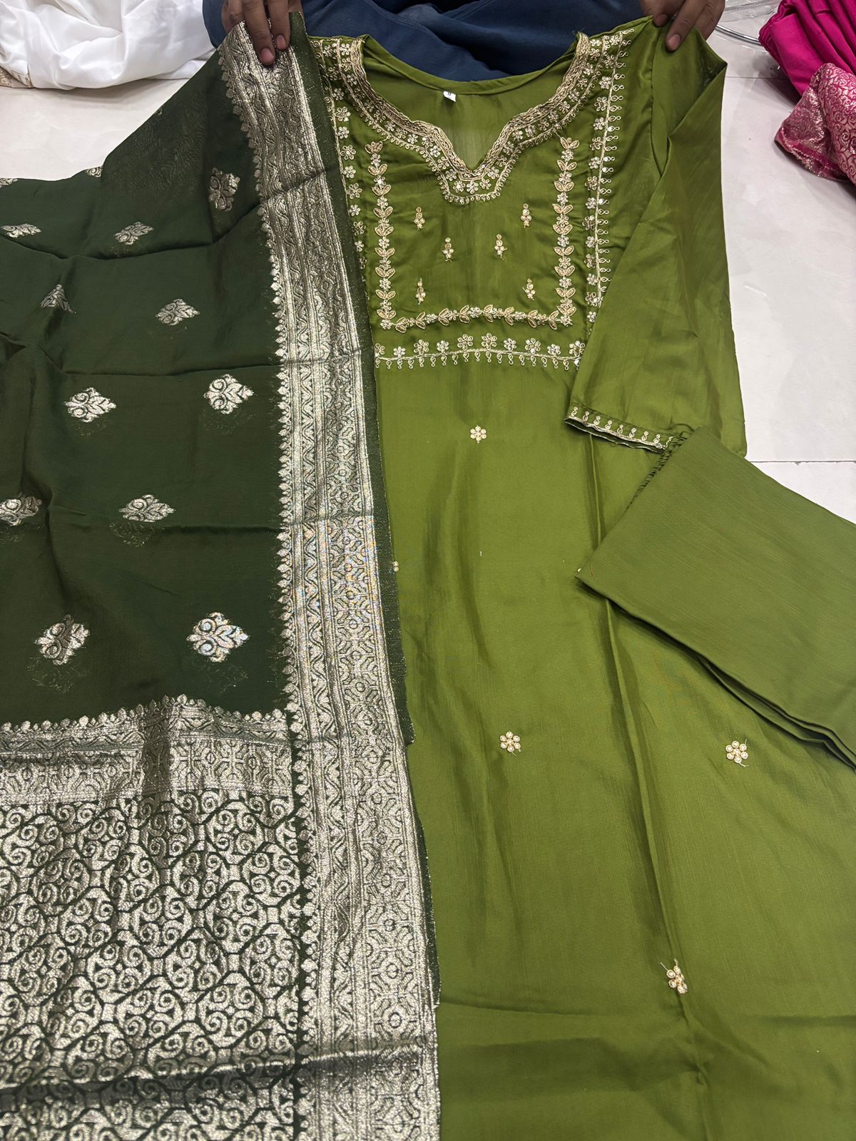 Embroidered Cotton Silk Kurta Set with Banarasi Dupatta