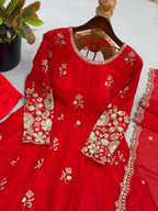 Embroidered Fendy Silk Gown Pant Dupatta Set