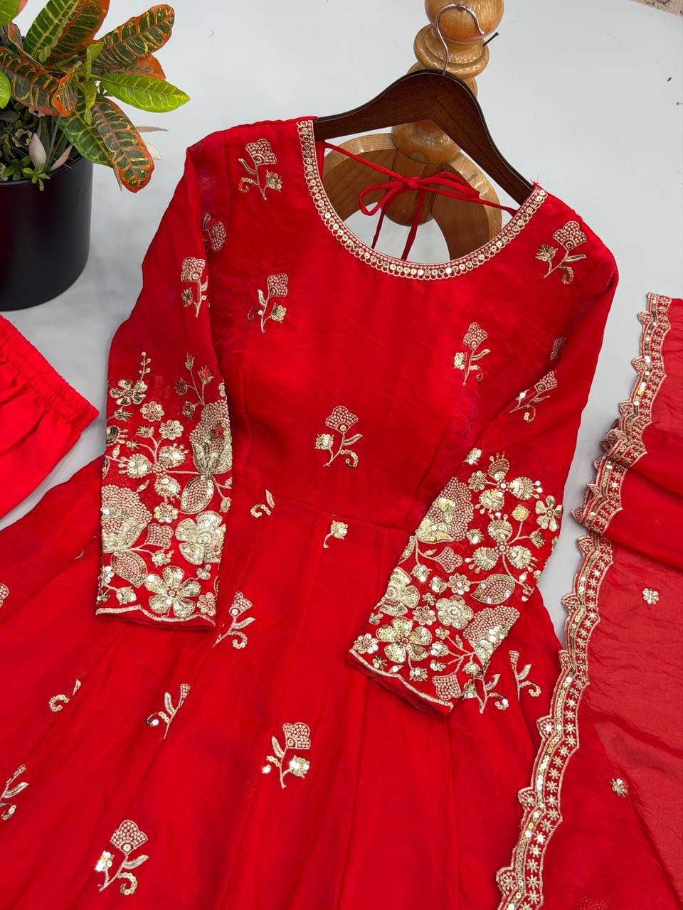 Embroidered Fendy Silk Gown Pant Dupatta Set