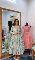 Floral Print Chanderi Cotton Maxi Dress for Women