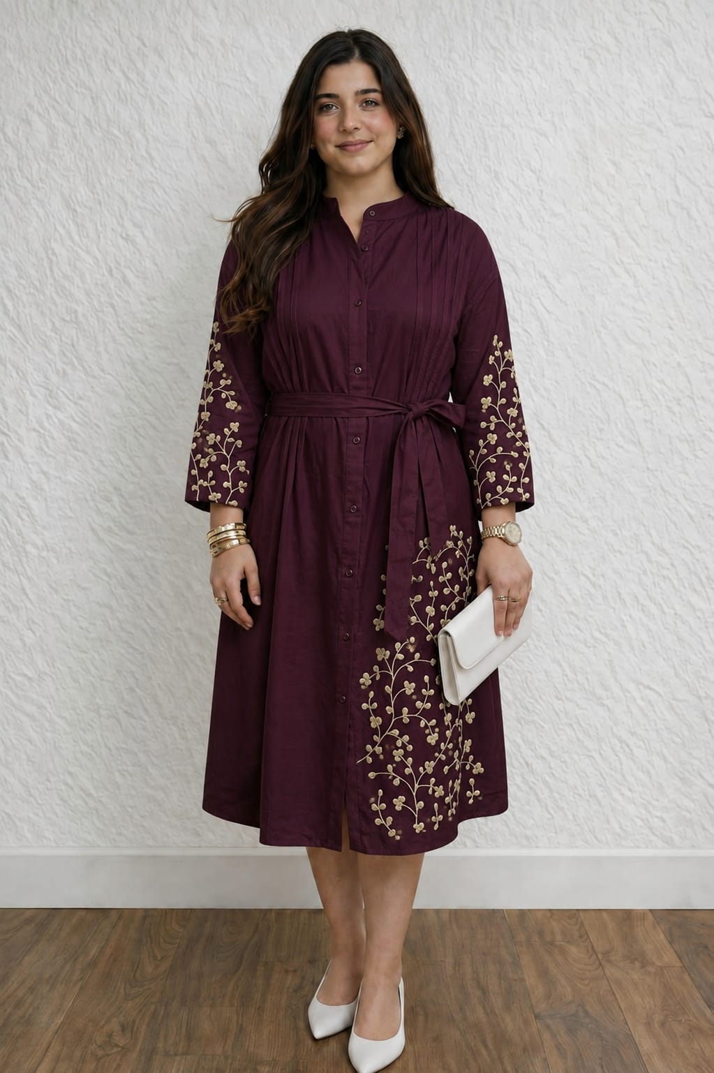Embroidered Rayon Dress with Adjustable Belt