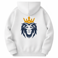 White hoodie with a lion wearing a crown design on the back against a white background