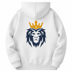 White hoodie with a lion wearing a crown design on the back against a white background