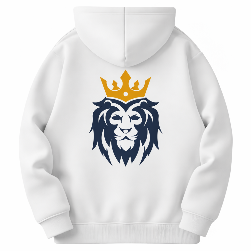 White hoodie with a lion wearing a crown design on the back against a white background