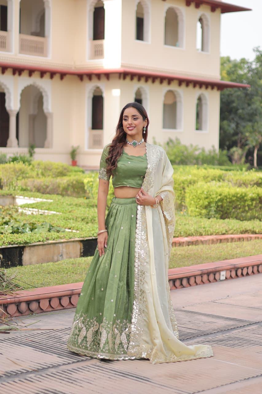 Sequins Embroidered Gold Crush Lehenga Choli Set with Dupatta